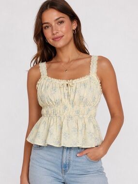 NWT Lush XL Ivory Blue Floral Lace Smocked Peplum Cottagecore Tank Top